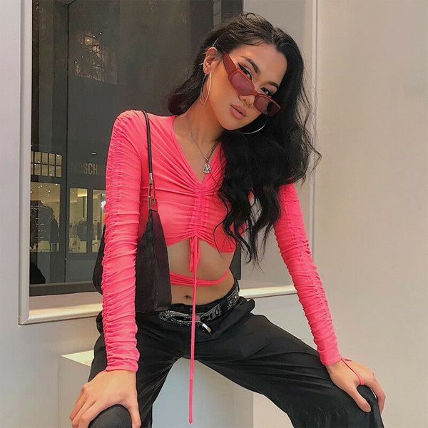 

hirigin brand 2019 spring summer long sleeve shirt pink color women mesh transparent nightclub lace-up clubwear, White