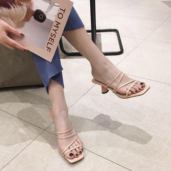 

square heel rubber flip flops female shoes cross-tied slippers heels med slides block hawaiian soft 2020 high fabric pumps pu, Black