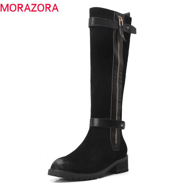 

morazora 2018 suede leather knee high boots women round toe autumn winter boots simple zipper fashion shoes woman, Black
