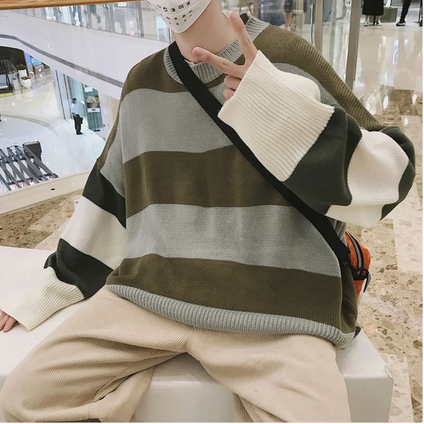 

2018 autumn and winter male loose rainbow striped sweater round neck pullover sweater jacket tide red / blue / khaki s-xl, White;black