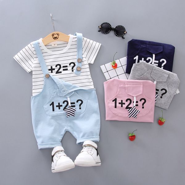 

children's clothing boy 2020 new summer two-piece baby suspenders pants suit baby striped short-sleeved summer tide a6, White