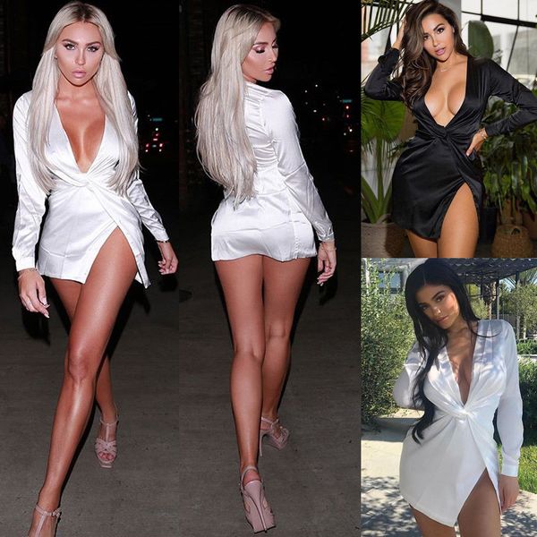 2019 Nuovo stile Fashion Women Hot Women Sexy Deep Neck Solid Solid Long Club Wear Party Mini Slip Dress Silk