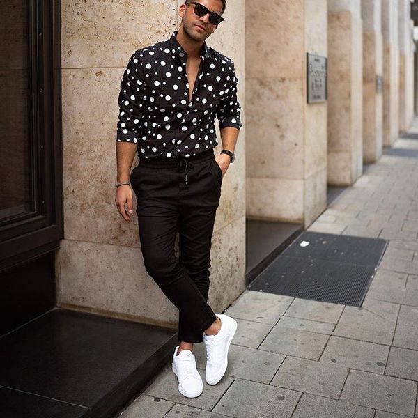 Camisas de vestido masculinas camisa de homem streetwear moda solta casual de mangas compridas polka dot impresso blusa superior