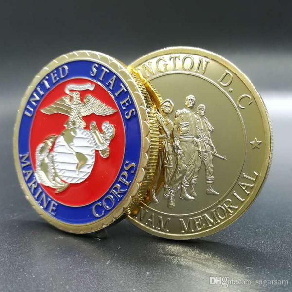 

10 pcs marine crops badge gold plated colored vietnam memorial 40 mm soldier miliatry force collectible souenir decoration coin