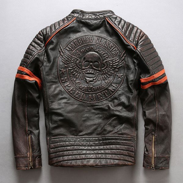 

marbobo classic motorcycle leather jackets with skull head american customs cow genuine leather motorcycle racing suit jackets stand collar, Black