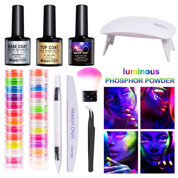 

nail set uv led lamp dryer with phosphorescent luminous powder set base coat nail gel polish soak off manicure tools, Red;pink