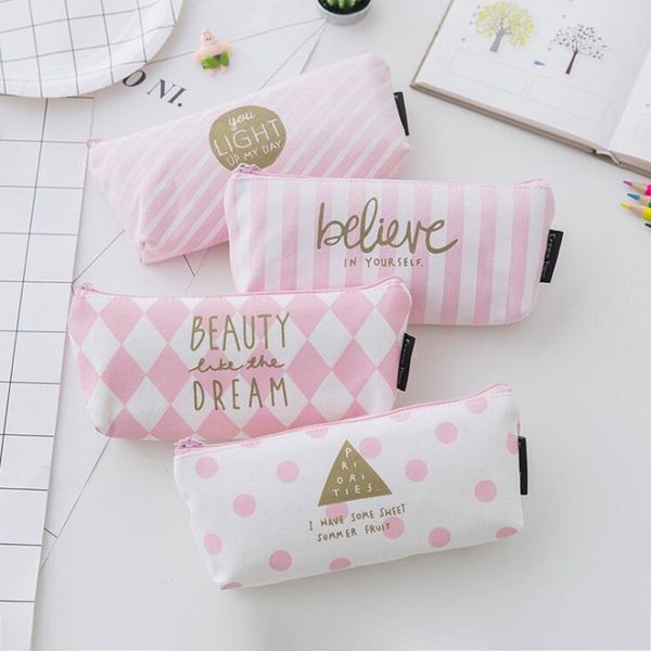 

simple pink series pencil case office stationery and school supplies high capacity canvas material pencil bag 1pcs