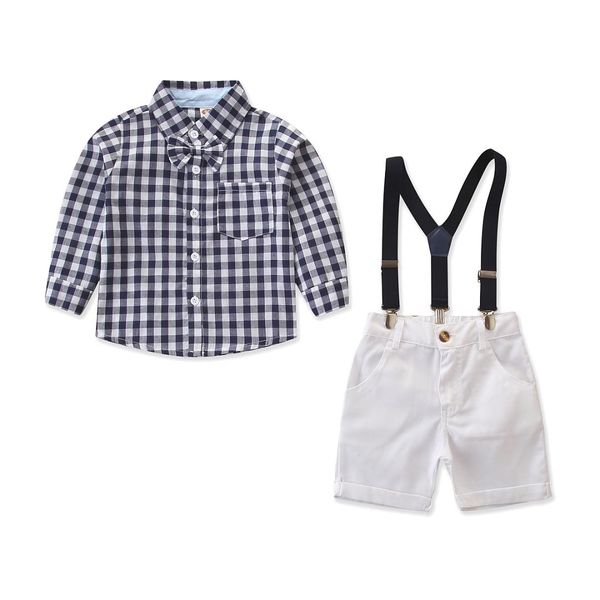 

1-6y kids baby girl long sleeve bow tie plaid shirt suspender shorts pant 2pcs little gentleman clothes set, White