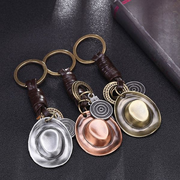 

classic vintage ancient bronze cowboy hat pendant key rings men braided cowhide keychain gift for friends, Silver