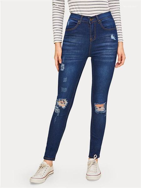 

famale trousers womens ripped jeans fashion solid color skinny feet pants burst casual fashion, Blue