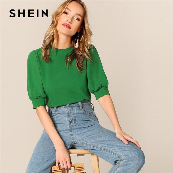 

shein ladies casual green puff sleeve keyhole back solid and blouse women 2019 summer workwear half sleeve elegant blouses, White