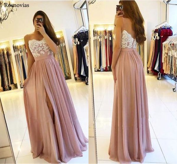 

side split prom dresses 2019 spaghetti strap backless sweep train lace appliques evening party gowns long prom dresses, White;black