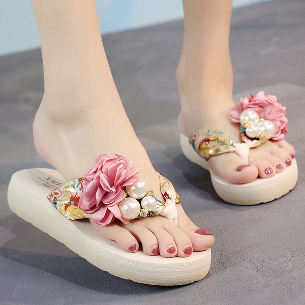 

2020 new summer women's slippers bohemian non-slip thong sandals beach flower pearl slippers thick bottom women's shoes, Black