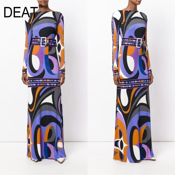

deat] 2020 bohemia knit high end printed hit color with belt women dress round collar full sleeve fashion spring tide am112, Black;gray