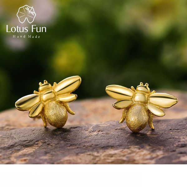 

lotus fun настоящее стерлингового серебра 925 натуральный творческий ручной работы дизайнер ювелирных украшений милые пчелы серьги стержня д, Golden;silver