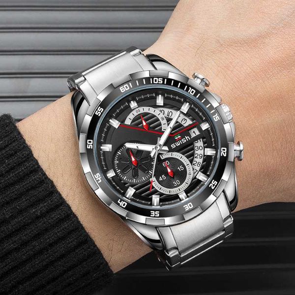 

swish 2020 chronograph watch men quartz watches famous casual brand water resistant sports wristwatch male herren uhren, Slivery;brown