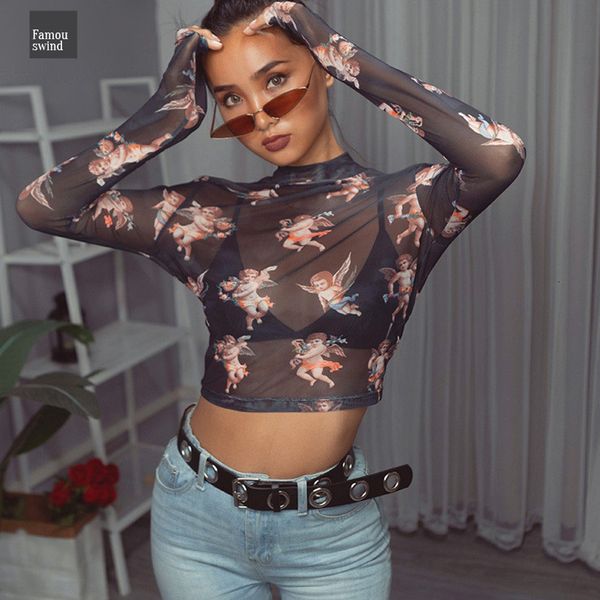 

футболка женщины sexy тонкий harajuku сети сетки печати через turtleneck с длинным рукавом купидона см casual женщины top 2019 new, White