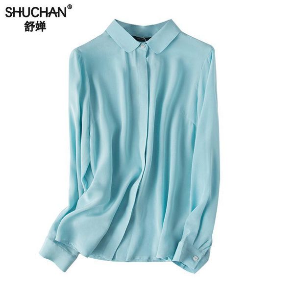 

shuchan basic blouse women long sleeve 100% natural silk cardigan solid office lady women shirts sky blue white
