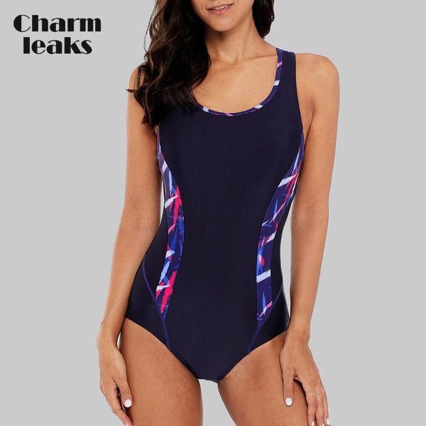 

charmleaks one piece women sports swimsuit sports swimwear colorblock print monokini beach bathing suit bikini, White;black