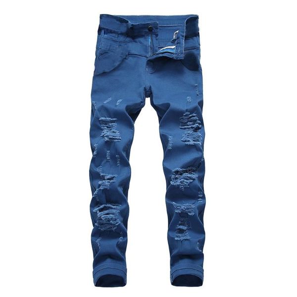 

jean hip hop streetwear biker patch hole ripped skinny jeans pencil slim fit personality stretchy casual men's jeans denim pants, Blue