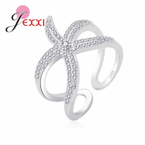 

original 925 sterling silver adjustable ring big starfish paved shiny white crystals opening rings women accessory, Golden;silver