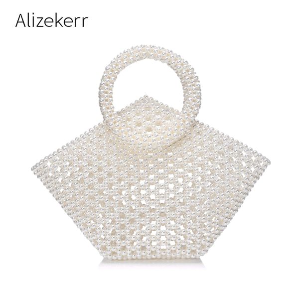 

hollow out pearl handbag women hand woven handle big pentagon tote evening clutch bags female exquisite dinner bag