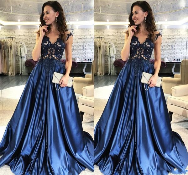 

2020 modest navy blue prom dresses african capped sleeves satin skirt long evening dresses party gowns appliques beaded vestidos, Black