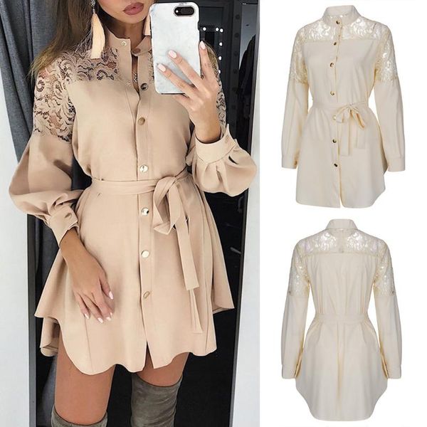 

womens fashion dresses new lace splice mini dress spring long sleeve strap design waist slim shirt dress casual high waist