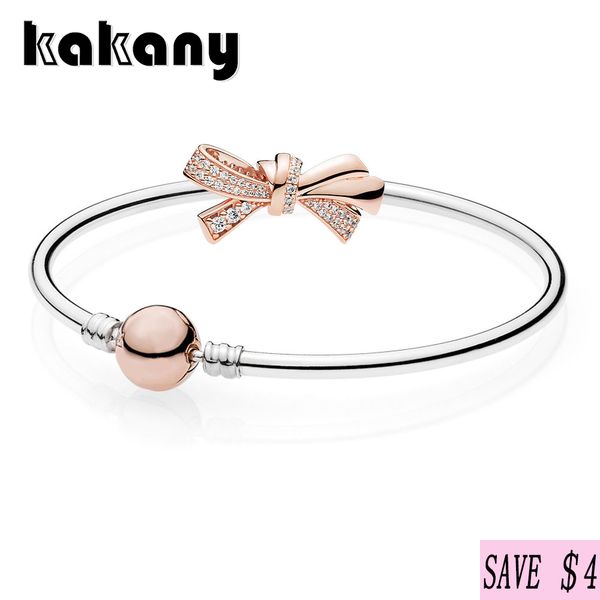 

kakany 925 sterling silver rose brilliant bow bangle gift set mother's day gift original european fashion jewelry, Golden;silver