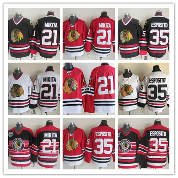 

mens chicago blackhawks stan mikita jerseys stitched vintage #35 tony esposito blackhawks 1977 game worn hockey jersey s-3xl, Black;red