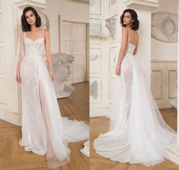 

2020 new wedding dresses spaghetti straps lace appliques bridal gowns custom made backless sweep train designer a-line wedding dress, White