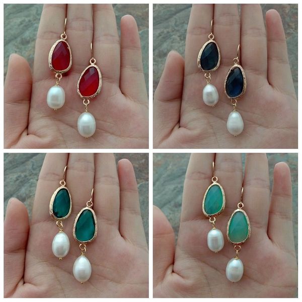 

white pearl green red blue aqua green crystal earrings, Silver