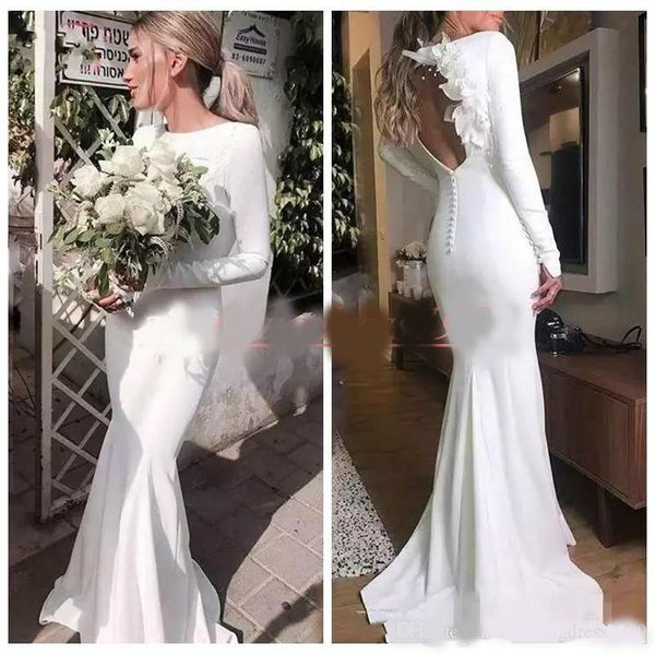 

charming satin hollow garden mermaid wedding dresses flower 2020 fitted long sleeve plus size country bridal gown train bride dress custom, White