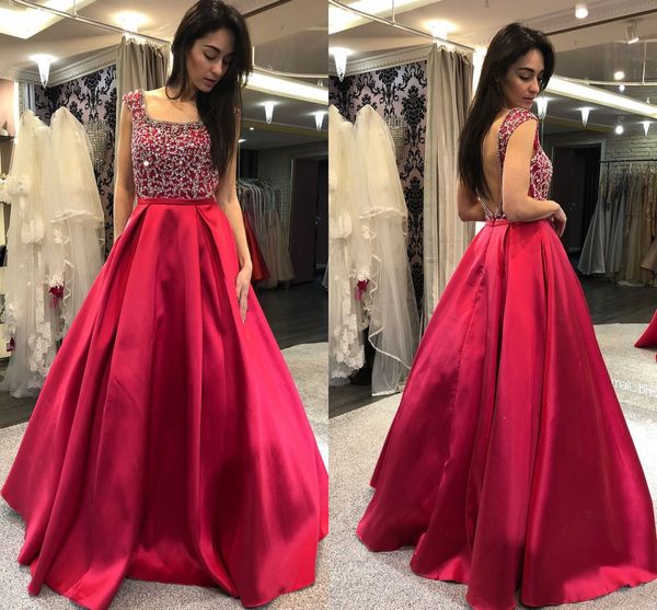 

red backless prom dress evening formal gowns square neck crystal bodice a line satin sparkly beading sequins pleated cap sleeves, Black
