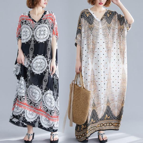 

casual dresses 2021 summer women's dress plus size 4xl 5xl 6xl 7xl 8xl v-neck bohemia beach seaside holiday slim long one-piece, Black;gray