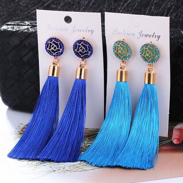

new crystal long tassel earrings boho black red white silk fabric thread flower drop earrings for women dangle jewelry oorbellen, Silver