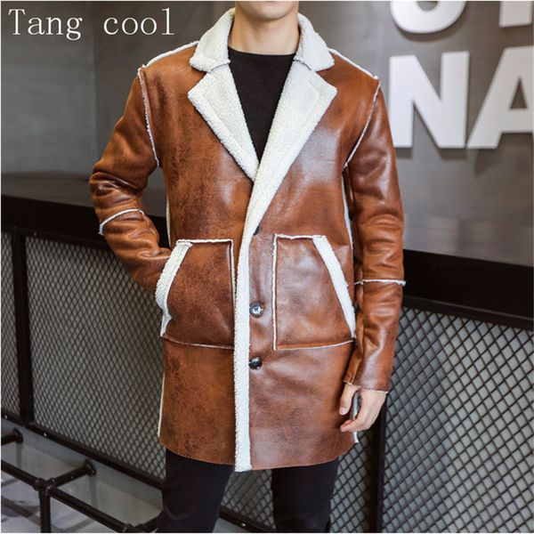 

tang cool 2019 winter casual thick warm trench coats men fur collar suede leather motorcycle mens faux fur coat, Black