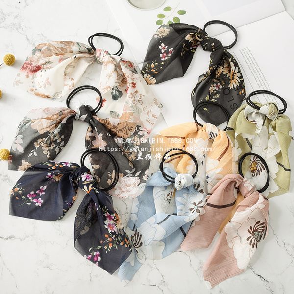 

2019 новой корейской версии веревочка волос головной убор цветочный свежий национальный стиль headrope ретро ткани узел петли волос, Slivery;white