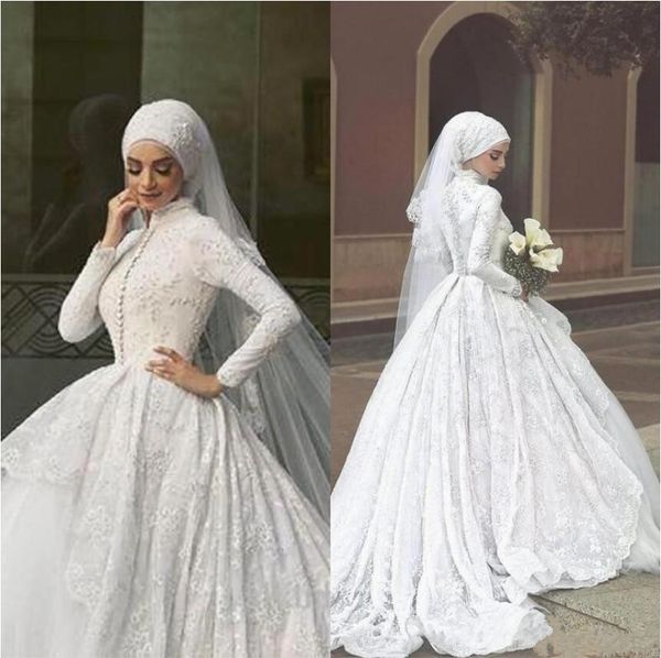 Abiti da sposa musulmani islamici arabi Said Mhamad Pizzo A Line Abiti da sposa 2019 Maniche lunghe Collo alto Abito da sposa Abaya pakistano del Midwest