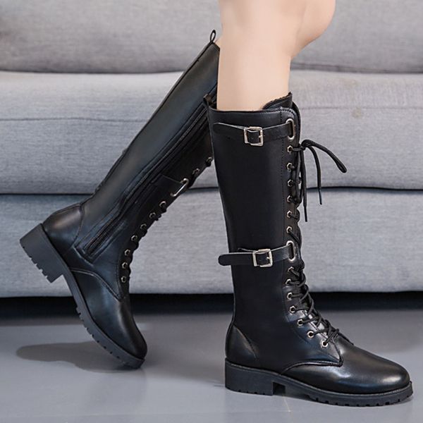 

leather motorcycle boots women's high boots winter long tube boot lady punk gothic mid-calf low heel shoes cowboy, Black