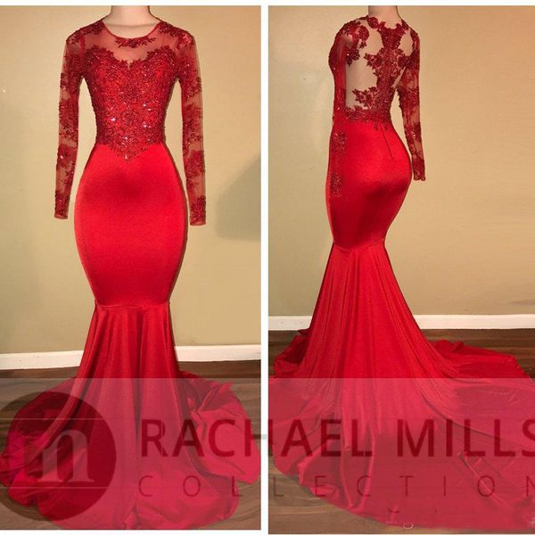 

2019 Vintage Sheer Long Sleeves Red Prom Dresses Mermaid Appliqued Sequined African Black Girls Evening Gowns Red Carpet Dress