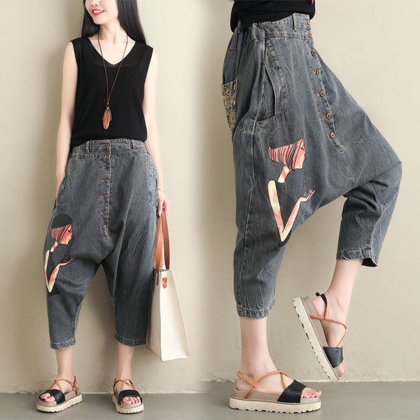 

jeans woman joggers printed baggy harem pants summer trousers high waist jeans casual streetwear trousers female mujer, Blue
