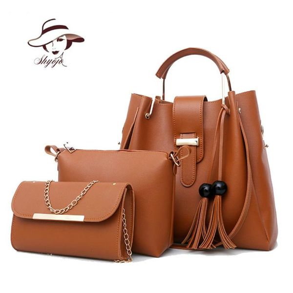 

new lady 3pcs fashion composite handbags shoulder bags casual tote bag pu leather tassel metal handle messager bag