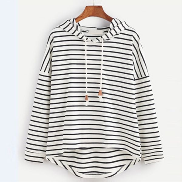 

women striped sweatshirt hoodies loose autumn spring new striped irregular hem hooded sweatshirt oversized sudadera mujer, Black