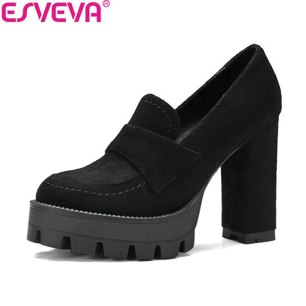 

esveva 2020 platform high heel women pumps western style women's wedding shoes office ladies square heel pumps big size 34-42, Black