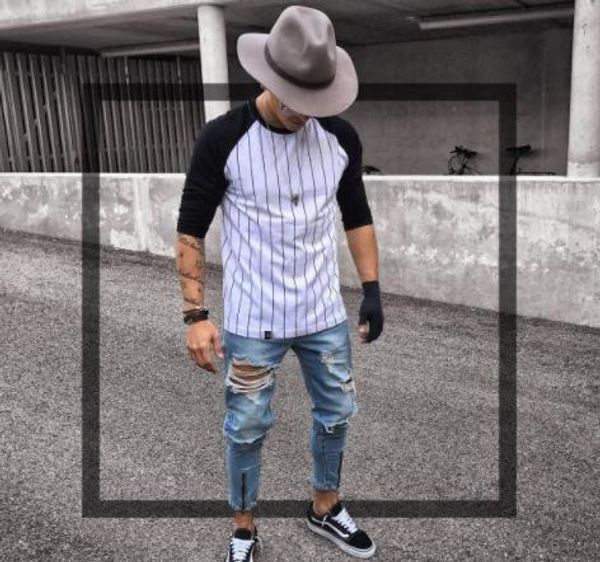 

men's jeans men hip hop ripped washed zipper design draped holes long pencil pants skinny trousers for males, Blue