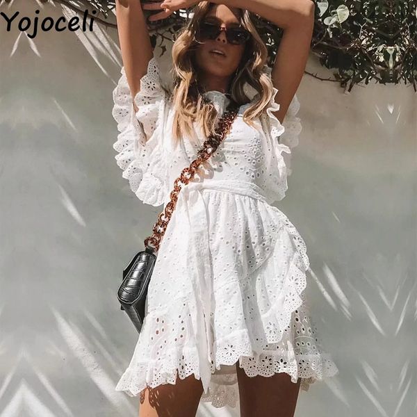 

yojoceli white lace ruffle short dress women summer elegant party bow female dress vestidos casual daily cute dresses, White;black