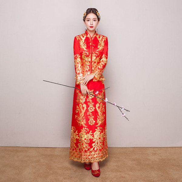 

red chinese wedding dress female cheongsam gold slim chinese traditional dress women qipao for wedding party