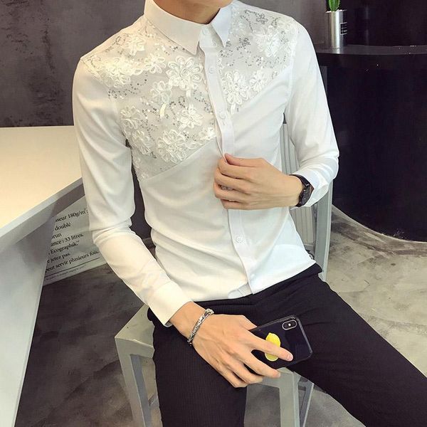 

2020 весна рубашка мужчины сексуальное кружево пэчворк мужская рубашка с длинным рукавом новый slim fit уличная одежда выпускной смокинг 3xl, White;black