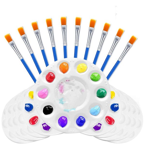 

10 paint palette trays and 10 flat nylon paint brushes set for kids art classes, school project birthday painting party